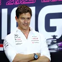 SINGAPORE, SINGAPORE - SEPTEMBER 15: Mercedes GP Executive Director Toto Wolff talks in a team principals press conference during practice ahead of the F1 Grand Prix of Singapore at Marina Bay Street Circuit on September 15, 2023 in Singapore, Singapore. (Photo by Bryn Lennon/Getty Images)