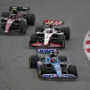 BARCELONA, SPAIN - JUNE 04: Esteban Ocon of France driving the (31) Alpine F1 A523 Renault leads Nico Hulkenberg of Germany driving the (27) Haas F1 VF-23 Ferrari and Zhou Guanyu of China driving the (24) Alfa Romeo F1 C43 Ferrari on track during the F1 Grand Prix of Spain at Circuit de Barcelona-Catalunya on June 04, 2023 in Barcelona, Spain. (Photo by Dan Mullan - Formula 1/Formula 1 via Getty Images)
