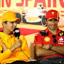 BARCELONA, SPAIN - JUNE 01: Lando Norris of Great Britain and McLaren and Carlos Sainz of Spain and Ferrari attend the Drivers Press Conference during previews ahead of the F1 Grand Prix of Spain at Circuit de Barcelona-Catalunya on June 01, 2023 in Barcelona, Spain. (Photo by Adam Pretty/Getty Images)