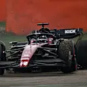 BARCELONA, SPAIN - JUNE 03: Valtteri Bottas of Finland driving the (77) Alfa Romeo F1 C43 Ferrari spins during qualifying ahead of the F1 Grand Prix of Spain at Circuit de Barcelona-Catalunya on June 03, 2023 in Barcelona, Spain. (Photo by Dan Mullan - Formula 1/Formula 1 via Getty Images)