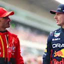 BARCELONA, SPAIN - JUNE 03: Pole position qualifier Max Verstappen of the Netherlands and Oracle Red Bull Racing and Second placed qualifier Carlos Sainz of Spain and Ferrari talk in parc ferme during qualifying ahead of the F1 Grand Prix of Spain at Circuit de Barcelona-Catalunya on June 03, 2023 in Barcelona, Spain. (Photo by Dan Istitene - Formula 1/Formula 1 via Getty Images)