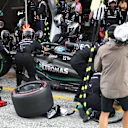 ZANDVOORT, NETHERLANDS - AUGUST 27: George Russell of Great Britain driving the (63) Mercedes AMG Petronas F1 Team W14 makes a pitstop during the F1 Grand Prix of The Netherlands at Circuit Zandvoort on August 27, 2023 in Zandvoort, Netherlands. (Photo by Peter Fox/Getty Images)