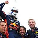 ZANDVOORT, NETHERLANDS - AUGUST 27: Race winner Max Verstappen of the Netherlands and Oracle Red Bull Racing celebrates in parc ferme during the F1 Grand Prix of The Netherlands at Circuit Zandvoort on August 27, 2023 in Zandvoort, Netherlands. (Photo by Mark Thompson/Getty Images)