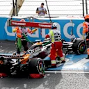 ZANDVOORT, NETHERLANDS - AUGUST 25: Oscar Piastri of Australia driving the (81) McLaren MCL60 Mercedes crashes during practice ahead of the F1 Grand Prix of The Netherlands at Circuit Zandvoort on August 25, 2023 in Zandvoort, Netherlands. (Photo by Lars Baron/Getty Images)