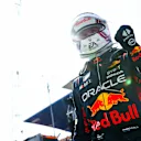 ZANDVOORT, NETHERLANDS - AUGUST 26: Pole position qualifier Max Verstappen of the Netherlands and Oracle Red Bull Racing celebrates in parc ferme during qualifying ahead of the F1 Grand Prix of The Netherlands at Circuit Zandvoort on August 26, 2023 in Zandvoort, Netherlands. (Photo by Mark Thompson/Getty Images)