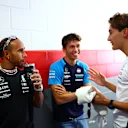 AUSTIN, TEXAS - OCTOBER 22: Lewis Hamilton of Great Britain and Mercedes speaks to George Russell of Great Britain and Mercedes and Alexander Albon of Thailand and Williams in the Pitlane prior to the F1 Grand Prix of United States at Circuit of The Americas on October 22, 2023 in Austin, Texas. (Photo by Dan Istitene - Formula 1/Formula 1 via Getty Images)