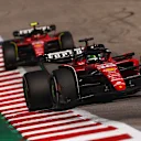 AUSTIN, TEXAS - OCTOBER 22: Charles Leclerc of Monaco driving the (16) Ferrari SF-23 leads Carlos Sainz of Spain driving (55) the Ferrari SF-23 on track during the F1 Grand Prix of United States at Circuit of The Americas on October 22, 2023 in Austin, Texas. (Photo by Jared C. Tilton - Formula 1/Formula 1 via Getty Images)