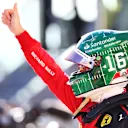 AUSTIN, TEXAS - OCTOBER 20: Pole position qualifier Charles Leclerc of Monaco and Ferrari celebrates in parc ferme during qualifying ahead of the F1 Grand Prix of United States at Circuit of The Americas on October 20, 2023 in Austin, Texas. (Photo by Dan Istitene - Formula 1/Formula 1 via Getty Images)