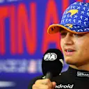 AUSTIN, TEXAS - OCTOBER 20: Second placed qualifier Lando Norris of Great Britain and McLaren talks in a press conference after qualifying ahead of the F1 Grand Prix of United States at Circuit of The Americas on October 20, 2023 in Austin, Texas. (Photo by Dan Istitene/Getty Images)