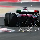 AUSTIN, TEXAS - OCTOBER 21: Sparks fly behind Valtteri Bottas of Finland driving the (77) Alfa Romeo F1 C43 Ferrari on track during the Sprint Shootout ahead of the F1 Grand Prix of United States at Circuit of The Americas on October 21, 2023 in Austin, Texas. (Photo by Clive Mason - Formula 1/Formula 1 via Getty Images)