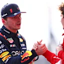 AUSTIN, TEXAS - OCTOBER 21: Sprint winner Max Verstappen of the Netherlands and Oracle Red Bull Racing shakes hands with Third placed Charles Leclerc of Monaco and Ferrari in parc ferme after the Sprint ahead of the F1 Grand Prix of United States at Circuit of The Americas on October 21, 2023 in Austin, Texas. (Photo by Dan Istitene - Formula 1/Formula 1 via Getty Images)