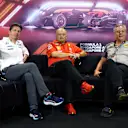 SINGAPORE, SINGAPORE - SEPTEMBER 20: James Vowles, Team Principal of Williams, Ferrari Team Principal Frederic Vasseur and Director of Pirelli F1 Mario Isola attend the Team Principals Press Conference during practice ahead of the F1 Grand Prix of Singapore at Marina Bay Street Circuit on September 20, 2024 in Singapore, Singapore. (Photo by Clive Rose/Getty Images)