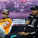 SINGAPORE, SINGAPORE - SEPTEMBER 21: Third placed qualifier Lewis Hamilton of Great Britain and Mercedes attends the press conference after qualifying ahead of the F1 Grand Prix of Singapore at Marina Bay Street Circuit on September 21, 2024 in Singapore, Singapore. (Photo by Clive Rose/Getty Images)