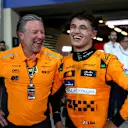 ABU DHABI, UNITED ARAB EMIRATES - DECEMBER 08: Race winner Lando Norris of Great Britain and McLaren and McLaren Chief Executive Officer Zak Brown celebrate in parc ferme after the McLaren team won the 2024 F1 Constructors Championship during the F1 Grand Prix of Abu Dhabi at Yas Marina Circuit on December 08, 2024 in Abu Dhabi, United Arab Emirates. (Photo by Bryn Lennon - Formula 1/Formula 1 via Getty Images)