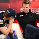 ABU DHABI, UNITED ARAB EMIRATES - DECEMBER 05: Max Verstappen of the Netherlands and Oracle Red Bull Racing and Nico Hulkenberg of Germany and Haas F1 attend the Drivers Press Conference during previews ahead of the F1 Grand Prix of Abu Dhabi at Yas Marina Circuit on December 05, 2024 in Abu Dhabi, United Arab Emirates. (Photo by Clive Mason/Getty Images)