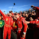 MELBOURNE, AUSTRALIA - MARCH 24: Race winner Carlos Sainz of Spain and Ferrari and Second placed Charles Leclerc of Monaco and Ferrari celebrate with their team in parc ferme during the F1 Grand Prix of Australia at Albert Park Circuit on March 24, 2024 in Melbourne, Australia. (Photo by Clive Mason - Formula 1/Formula 1 via Getty Images)