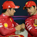 MELBOURNE, AUSTRALIA - MARCH 24: Race winner Carlos Sainz of Spain and Ferrari and Second placed Charles Leclerc of Monaco and Ferrari attend the press conference after the F1 Grand Prix of Australia at Albert Park Circuit on March 24, 2024 in Melbourne, Australia. (Photo by Clive Mason/Getty Images)