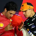 MELBOURNE, AUSTRALIA - MARCH 24: Race winner Carlos Sainz of Spain and Ferrari and Third placed Lando Norris of Great Britain and McLaren attend the press conference after the F1 Grand Prix of Australia at Albert Park Circuit on March 24, 2024 in Melbourne, Australia. (Photo by Clive Mason/Getty Images)