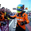 BAKU, AZERBAIJAN - SEPTEMBER 15: Race winner Oscar Piastri of Australia and McLaren celebrates in parc ferme during the F1 Grand Prix of Azerbaijan at Baku City Circuit on September 15, 2024 in Baku, Azerbaijan. (Photo by Clive Rose - Formula 1/Formula 1 via Getty Images)