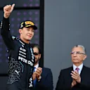 BAKU, AZERBAIJAN - SEPTEMBER 15: Third placed George Russell of Great Britain and Mercedes celebrates on the podium during the F1 Grand Prix of Azerbaijan at Baku City Circuit on September 15, 2024 in Baku, Azerbaijan. (Photo by James Sutton/Getty Images)