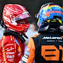 BAKU, AZERBAIJAN - SEPTEMBER 14: Pole position qualifier Charles Leclerc of Monaco and Ferrari and Second placed qualifier Oscar Piastri of Australia and McLaren talk in parc ferme during qualifying ahead of the F1 Grand Prix of Azerbaijan at Baku City Circuit on September 14, 2024 in Baku, Azerbaijan. (Photo by Dan Mullan/Getty Images)