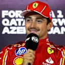 BAKU, AZERBAIJAN - SEPTEMBER 14: Pole position qualifier Charles Leclerc of Monaco and Ferrari attends the press conference after qualifying ahead of the F1 Grand Prix of Azerbaijan at Baku City Circuit on September 14, 2024 in Baku, Azerbaijan. (Photo by Clive Rose/Getty Images)