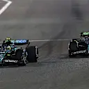 BAHRAIN, BAHRAIN - MARCH 02: Fernando Alonso of Spain driving the (14) Aston Martin AMR24 Mercedes and Lance Stroll of Canada driving the (18) Aston Martin AMR24 Mercedes compete for track position during the F1 Grand Prix of Bahrain at Bahrain International Circuit on March 02, 2024 in Bahrain, Bahrain. (Photo by Joe Portlock - Formula 1/Formula 1 via Getty Images)