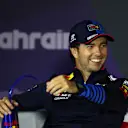 BAHRAIN, BAHRAIN - MARCH 02: Second placed Sergio Perez of Mexico and Oracle Red Bull Racing reacts in a press conference after the F1 Grand Prix of Bahrain at Bahrain International Circuit on March 02, 2024 in Bahrain, Bahrain. (Photo by Bryn Lennon/Getty Images)