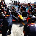 BAHRAIN, BAHRAIN - FEBRUARY 29: Sergio Perez of Mexico driving the (11) Oracle Red Bull Racing RB20 makes a pitstop during practice ahead of the F1 Grand Prix of Bahrain at Bahrain International Circuit on February 29, 2024 in Bahrain, Bahrain. (Photo by Mark Thompson/Getty Images)