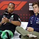 SAO PAULO, BRAZIL - OCTOBER 31: Lewis Hamilton of Great Britain and Mercedes and Franco Colapinto of Argentina and Williams attend the Drivers Press Conference during previews ahead of the F1 Grand Prix of Brazil at Autodromo Jose Carlos Pace on October 31, 2024 in Sao Paulo, Brazil. (Photo by Lars Baron/Getty Images)