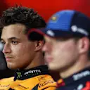 SAO PAULO, BRAZIL - NOVEMBER 02: Sprint winner Lando Norris of Great Britain and McLaren and Third placed Max Verstappen of the Netherlands and Oracle Red Bull Racing attend the press conference after the Sprint ahead of the F1 Grand Prix of Brazil at Autodromo Jose Carlos Pace on November 02, 2024 in Sao Paulo, Brazil. (Photo by Lars Baron/Getty Images)