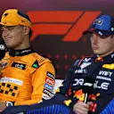 SAO PAULO, BRAZIL - NOVEMBER 02: Sprint winner Lando Norris of Great Britain and McLaren and Third placed Max Verstappen of the Netherlands and Oracle Red Bull Racing attend the press conference after the Sprint ahead of the F1 Grand Prix of Brazil at Autodromo Jose Carlos Pace on November 02, 2024 in Sao Paulo, Brazil. (Photo by Lars Baron/Getty Images)