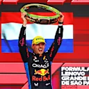 SAO PAULO, BRAZIL - NOVEMBER 03: Race winner Max Verstappen of the Netherlands and Oracle Red Bull Racing celebrates on the podium after the F1 Grand Prix of Brazil at Autodromo Jose Carlos Pace on November 03, 2024 in Sao Paulo, Brazil. (Photo by Mark Thompson/Getty Images)