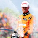 MONTREAL, QUEBEC - JUNE 09: Second placed Lando Norris of Great Britain and McLaren celebrates on the podium after the F1 Grand Prix of Canada at Circuit Gilles Villeneuve on June 09, 2024 in Montreal, Quebec. (Photo by Bryn Lennon - Formula 1/Formula 1 via Getty Images)