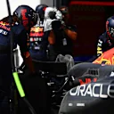 MONTREAL, QUEBEC - JUNE 09: The broken rear wing of Sergio Perez of Mexico and Oracle Red Bull Racing in the Pitlane during the F1 Grand Prix of Canada at Circuit Gilles Villeneuve on June 09, 2024 in Montreal, Quebec. (Photo by Bryn Lennon - Formula 1/Formula 1 via Getty Images)