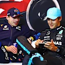 MONTREAL, QUEBEC - JUNE 09: Race winner Max Verstappen of the Netherlands and Oracle Red Bull Racing and Third placed George Russell of Great Britain and Mercedes attend the press conference after the F1 Grand Prix of Canada at Circuit Gilles Villeneuve on June 09, 2024 in Montreal, Quebec. (Photo by Clive Rose/Getty Images)