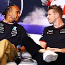 MONTREAL, QUEBEC - JUNE 06: Lewis Hamilton of Great Britain and Mercedes and Nico Hulkenberg of Germany and Haas F1 attend the press conference during previews ahead of the F1 Grand Prix of Canada at Circuit Gilles Villeneuve on June 06, 2024 in Montreal, Quebec. (Photo by Clive Rose/Getty Images)