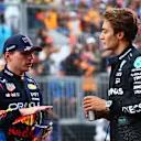 MONTREAL, QUEBEC - JUNE 08: Pole position qualifier George Russell of Great Britain and Mercedes and Second placed qualifier Max Verstappen of the Netherlands and Oracle Red Bull Racing in parc ferme after qualifying ahead of the F1 Grand Prix of Canada at Circuit Gilles Villeneuve on June 08, 2024 in Montreal, Quebec. (Photo by Bryn Lennon - Formula 1/Formula 1 via Getty Images)