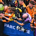 SHANGHAI, CHINA - APRIL 21: Second placed Lando Norris of Great Britain and McLaren celebrates in parc ferme during the F1 Grand Prix of China at Shanghai International Circuit on April 21, 2024 in Shanghai, China. (Photo by Clive Mason - Formula 1/Formula 1 via Getty Images)