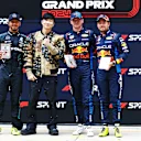 SHANGHAI, CHINA - APRIL 20: Sprint winner Max Verstappen of the Netherlands and Oracle Red Bull Racing, Second placed Lewis Hamilton of Great Britain and Mercedes, Third placed Sergio Perez of Mexico and Oracle Red Bull Racing and JJ Lin celebrate in parc ferme during the Sprint ahead of the F1 Grand Prix of China at Shanghai International Circuit on April 20, 2024 in Shanghai, China. (Photo by Mark Thompson/Getty Images)