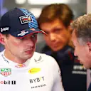 MONZA, ITALY - AUGUST 30: Max Verstappen of the Netherlands and Oracle Red Bull Racing talks to Oracle Red Bull Racing Team Principal Christian Horner in the garage during practice ahead of the F1 Grand Prix of Italy at Autodromo Nazionale Monza on August 30, 2024 in Monza, Italy. (Photo by Peter Fox - Formula 1/Formula 1 via Getty Images)