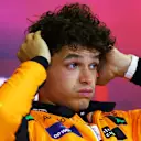 MONZA, ITALY - AUGUST 31: Lando Norris of Great Britain and McLaren attends the Drivers Press Conference during qualifying ahead of the F1 Grand Prix of Italy at Autodromo Nazionale Monza on August 31, 2024 in Monza, Italy. (Photo by Bryn Lennon/Getty Images)