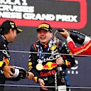 SUZUKA, JAPAN - APRIL 07: Race winner Max Verstappen of the Netherlands and Oracle Red Bull Racing, Second placed Sergio Perez of Mexico and Oracle Red Bull Racing and Third placed Carlos Sainz of Spain and Ferrari celebrate on the podium during the F1 Grand Prix of Japan at Suzuka International Racing Course on April 07, 2024 in Suzuka, Japan. (Photo by Peter Fox/Getty Images)