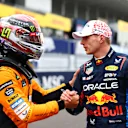 SUZUKA, JAPAN - APRIL 06: Pole position qualifier Max Verstappen of the Netherlands and Oracle Red Bull Racing and Third placed qualifier Lando Norris of Great Britain and McLaren talk in parc ferme during qualifying ahead of the F1 Grand Prix of Japan at Suzuka International Racing Course on April 06, 2024 in Suzuka, Japan. (Photo by Mark Thompson/Getty Images)