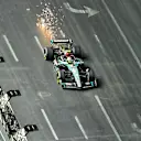 LAS VEGAS, NEVADA - NOVEMBER 23: Sparks fly from the car of Lewis Hamilton of Great Britain driving the (44) Mercedes AMG Petronas F1 Team W15 during the F1 Grand Prix of Las Vegas at Las Vegas Strip Circuit on November 23, 2024 in Las Vegas, Nevada. (Photo by Clive Mason/Getty Images)