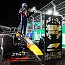 LAS VEGAS, NEVADA - NOVEMBER 23: 2024 F1 World Drivers Champion Max Verstappen of the Netherlands and Oracle Red Bull Racing celebrates in parc ferme during the F1 Grand Prix of Las Vegas at Las Vegas Strip Circuit on November 23, 2024 in Las Vegas, Nevada. (Photo by Mark Thompson/Getty Images)