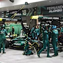 LAS VEGAS, NEVADA - NOVEMBER 21: Fernando Alonso of Spain driving the (14) Aston Martin AMR24 Mercedes makes a pitstop during practice ahead of the F1 Grand Prix of Las Vegas at Las Vegas Strip Circuit on November 21, 2024 in Las Vegas, Nevada. (Photo by Mark Sutton - Formula 1/Formula 1 via Getty Images)