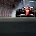 LAS VEGAS, NEVADA - NOVEMBER 21: Carlos Sainz of Spain driving (55) the Ferrari SF-24 locks a wheel under braking during practice ahead of the F1 Grand Prix of Las Vegas at Las Vegas Strip Circuit on November 21, 2024 in Las Vegas, Nevada. (Photo by Chris Graythen/Getty Images)