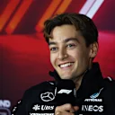LAS VEGAS, NEVADA - NOVEMBER 20: George Russell of Great Britain and Mercedes attends the Drivers Press Conference during previews ahead of the F1 Grand Prix of Las Vegas at Las Vegas Strip Circuit on November 20, 2024 in Las Vegas, Nevada. (Photo by Clive Rose/Getty Images)