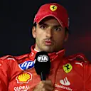 LAS VEGAS, NEVADA - NOVEMBER 22: Second placed qualifier Carlos Sainz of Spain and Ferrari attends the press conference after qualifying ahead of the F1 Grand Prix of Las Vegas at Las Vegas Strip Circuit on November 22, 2024 in Las Vegas, Nevada. (Photo by Clive Rose/Getty Images)